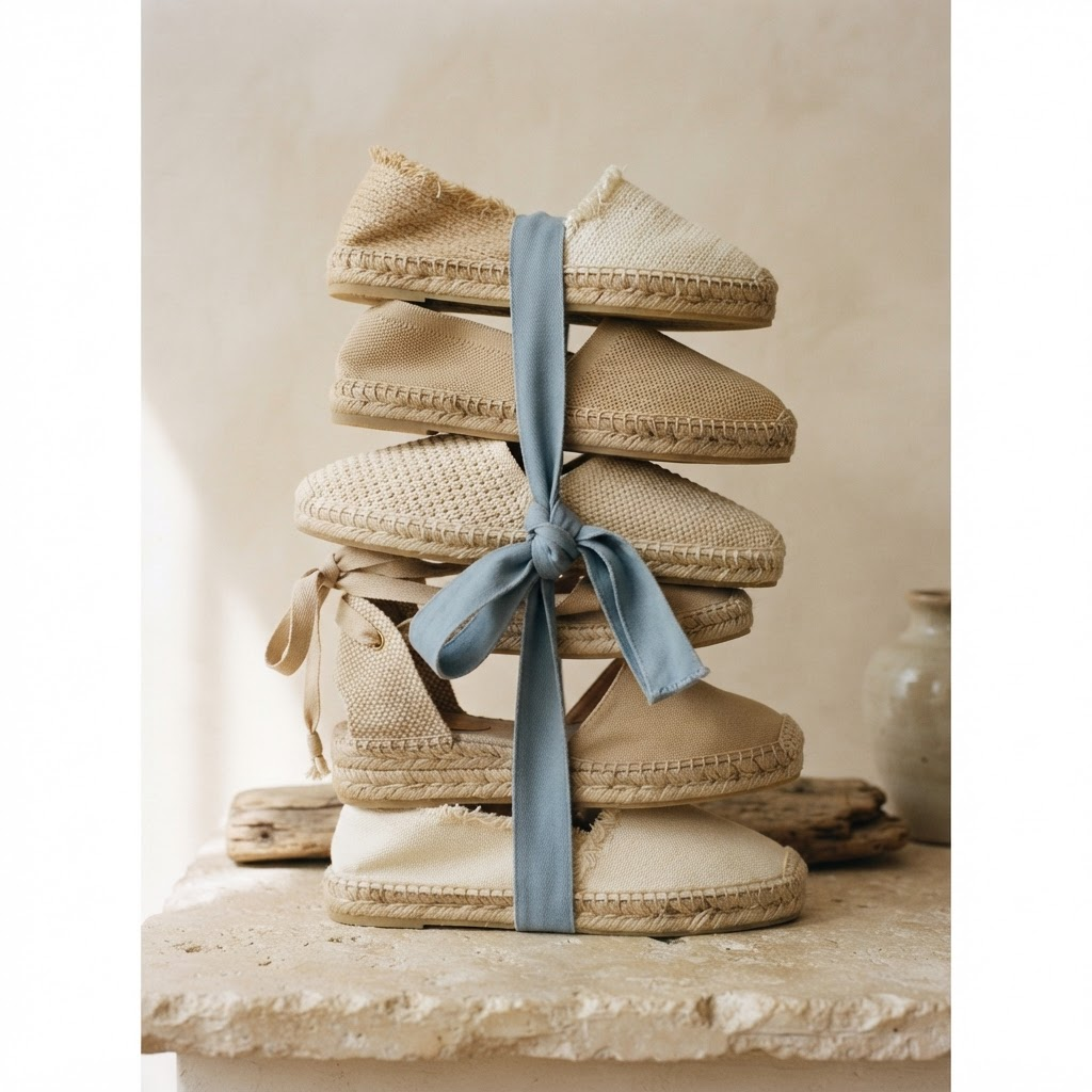 Tall stack of woven espadrilles and knitted shoes bound with a blue strap