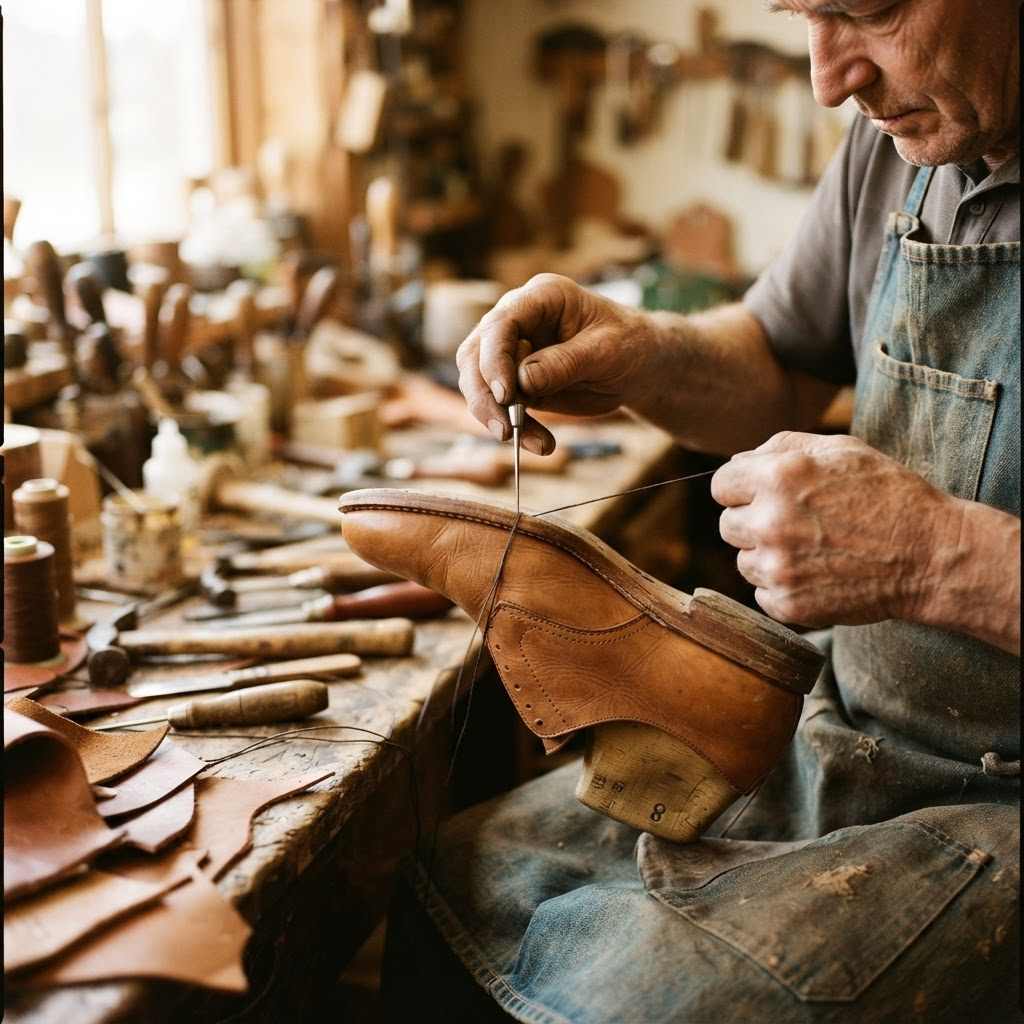 Artisan hand-stitching a leather shoe on a wooden last in a sunlit workshop