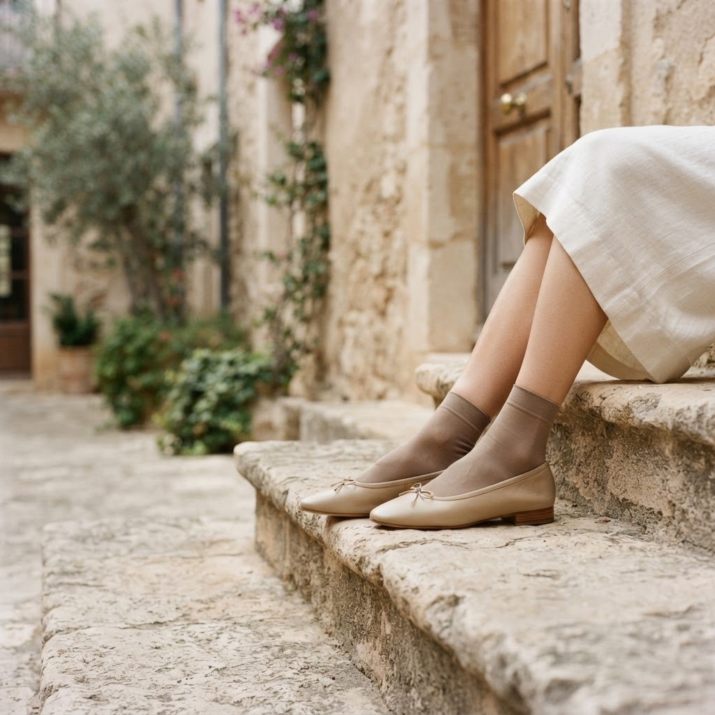 A woman wearing minimalist beige ballet flats on a warm stone step