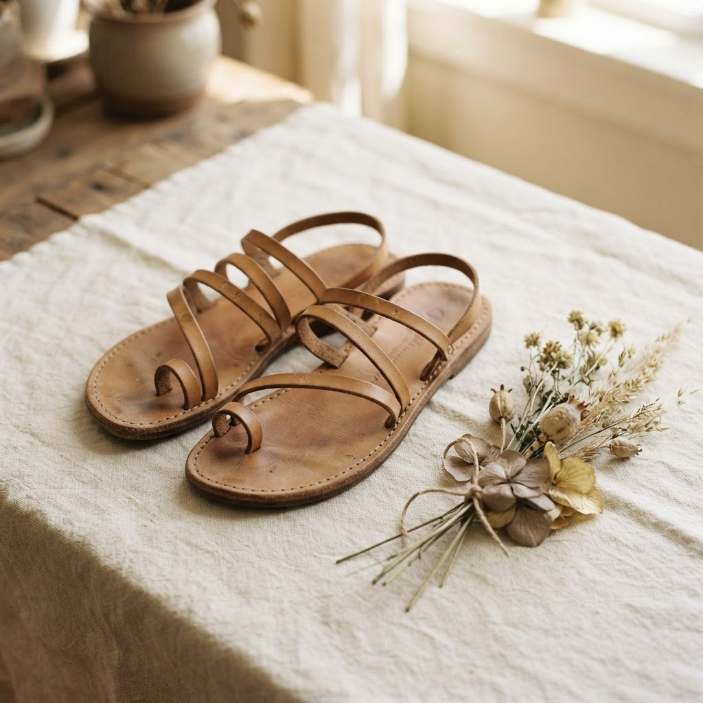 Natural tan leather sandals on linen with dried flowers