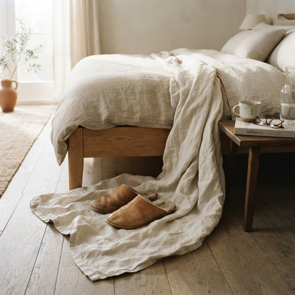 Soft tan leather house slippers resting on a linen throw by a bed