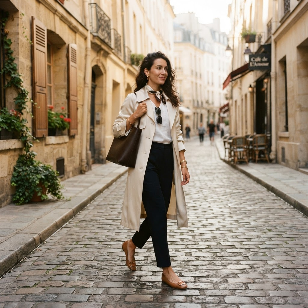 Elegant woman walking on a cobblestone European street wearing flats