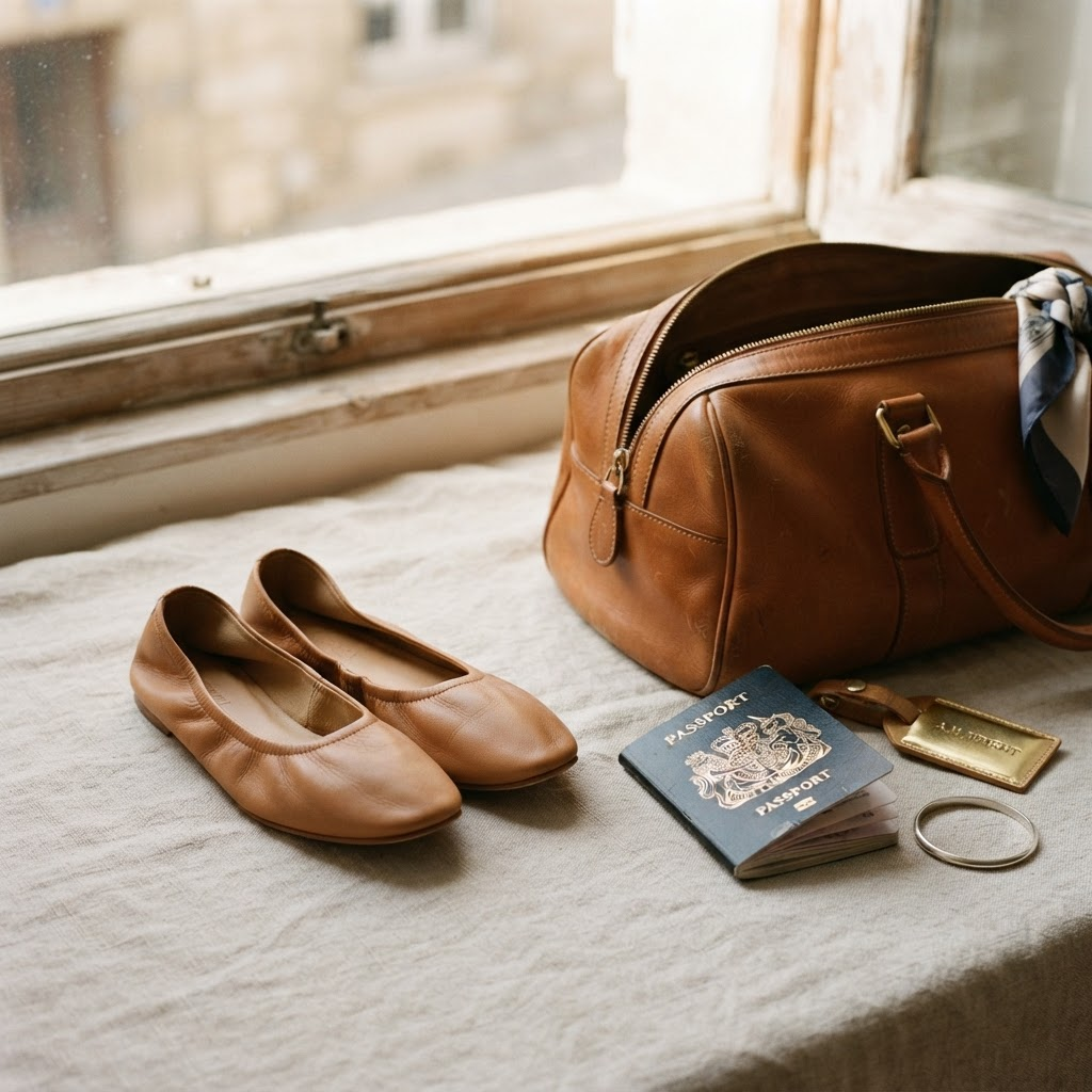 A pair of folded flats beside a travel bag and passport on linen