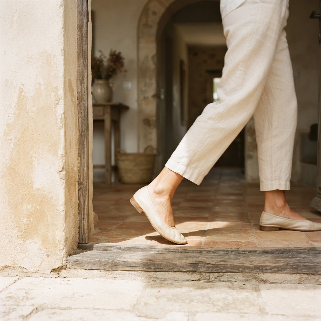 A woman's legs and flats stepping into a sunlit doorway